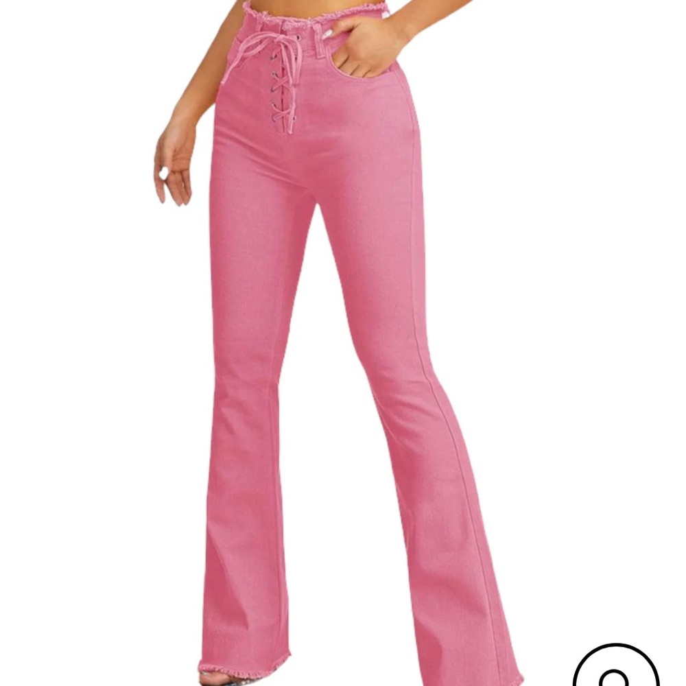 Pink frayed flare bootleg Barbie jeans